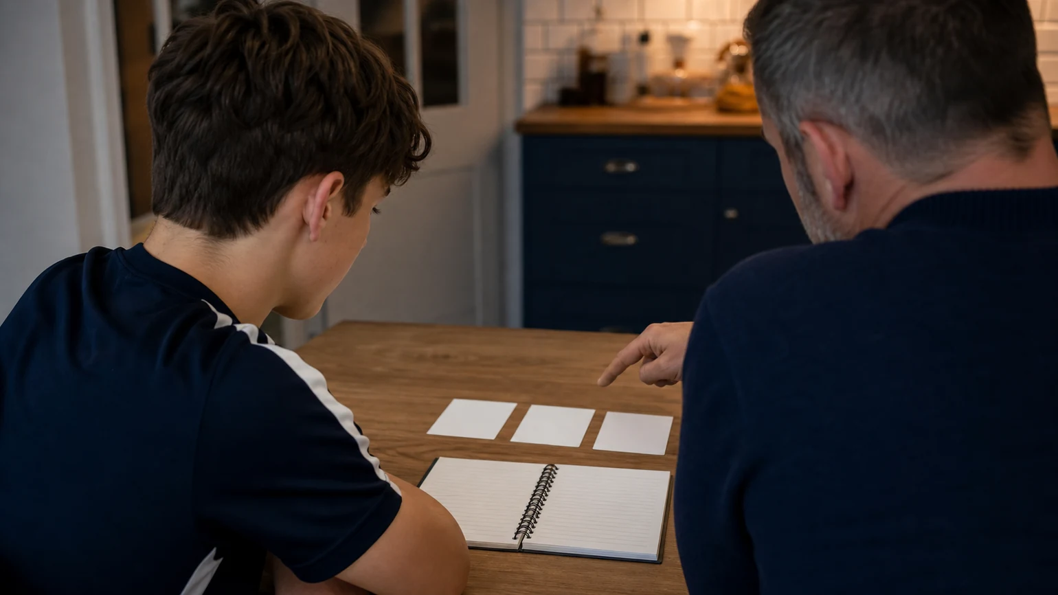 Anonymous player and parent at a kitchen table comparing three plain pathway option cards with a notebook, calm decision-making mood