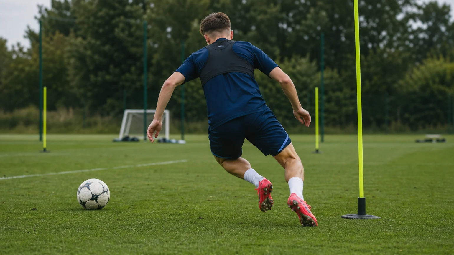 Anonymous youth player taking rapid adjustment steps around a moving ball before a directional cut, low balanced posture
