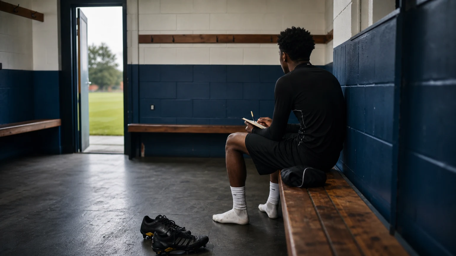 Anonymous youth player sitting with boots and a simple notebook after a trial, calm reflective posture