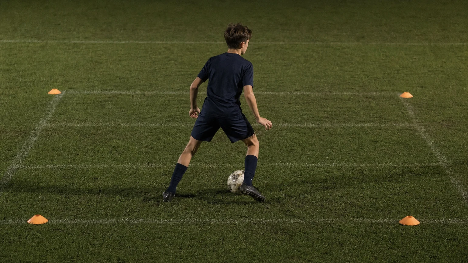 GENERATE — ONE 16:9 ultra-realistic documentary football photograph under clean floodlights: an anonymous youth player alone in a small...
