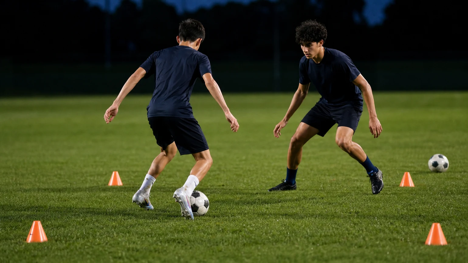 Anonymous youth player inside a coned square at dusk, two balls in frame