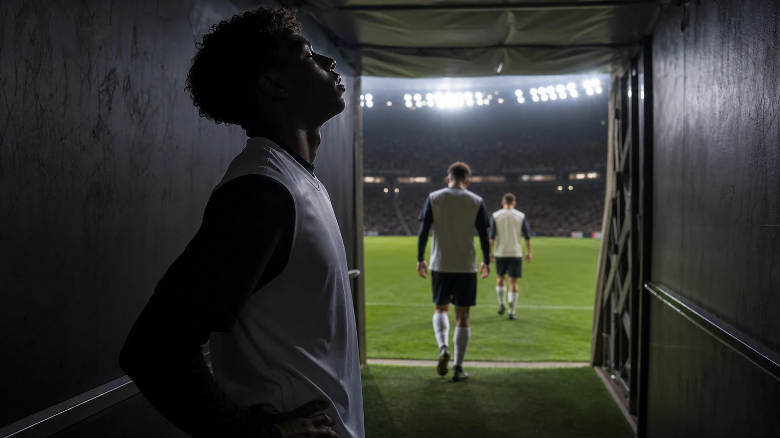 a player in the tunnel before a final, eyes closed mid-breath
