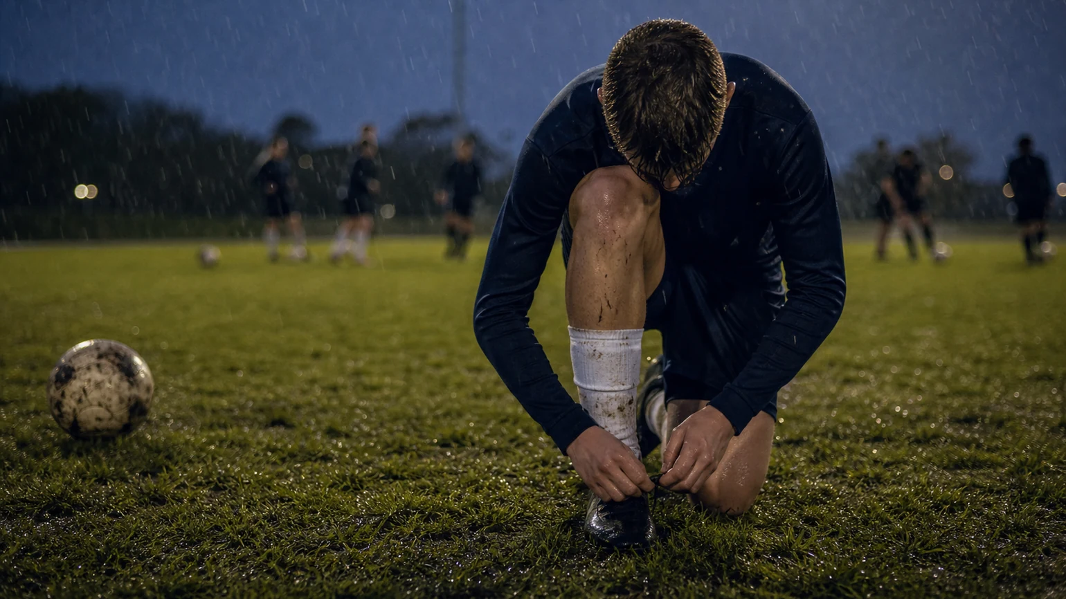 a player retying boots in the rain mid-training, jaw set