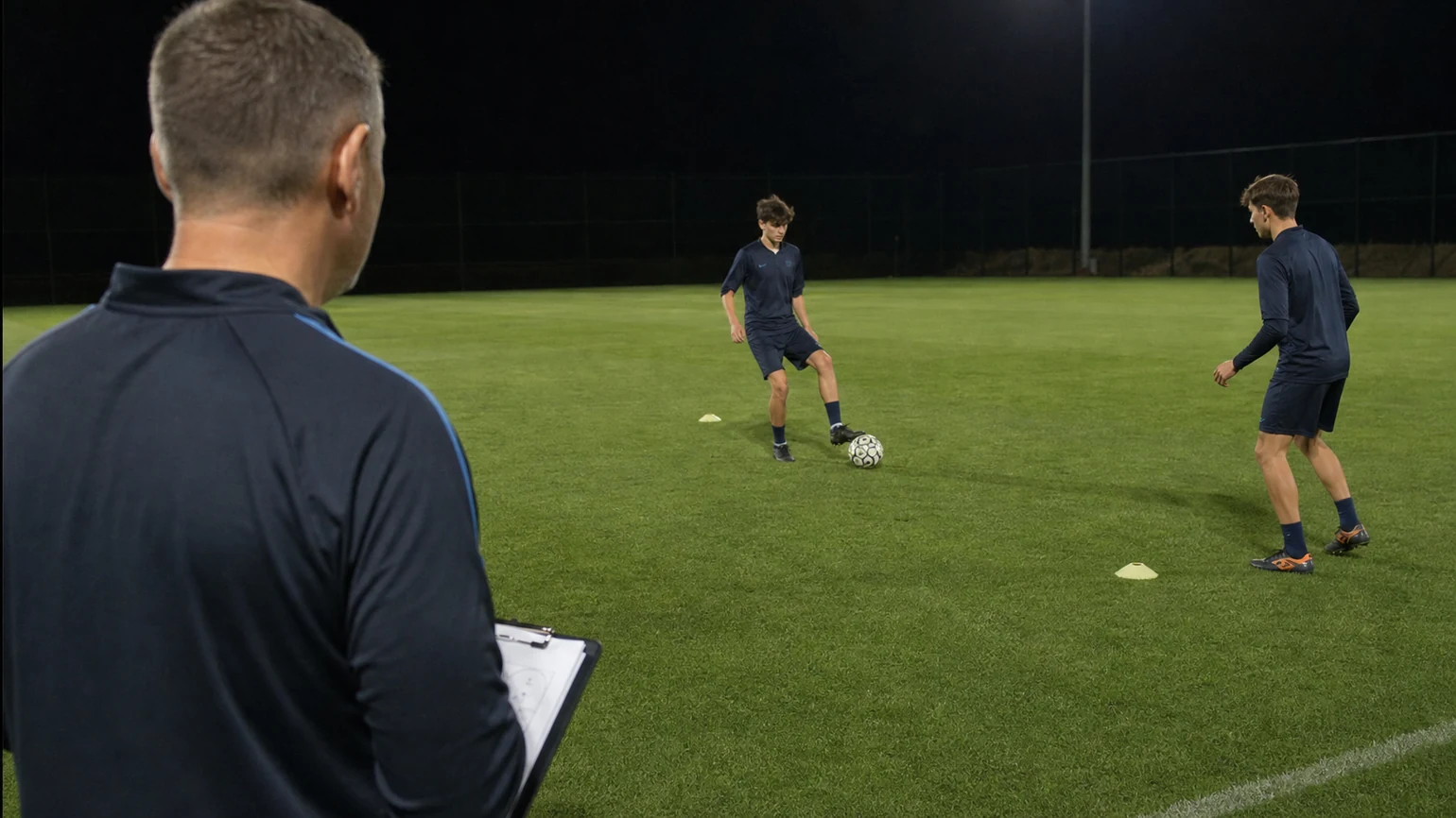 GENERATE — ONE 16:9 ultra-realistic documentary football photograph: an anonymous coach at the edge of a floodlit training pitch,...