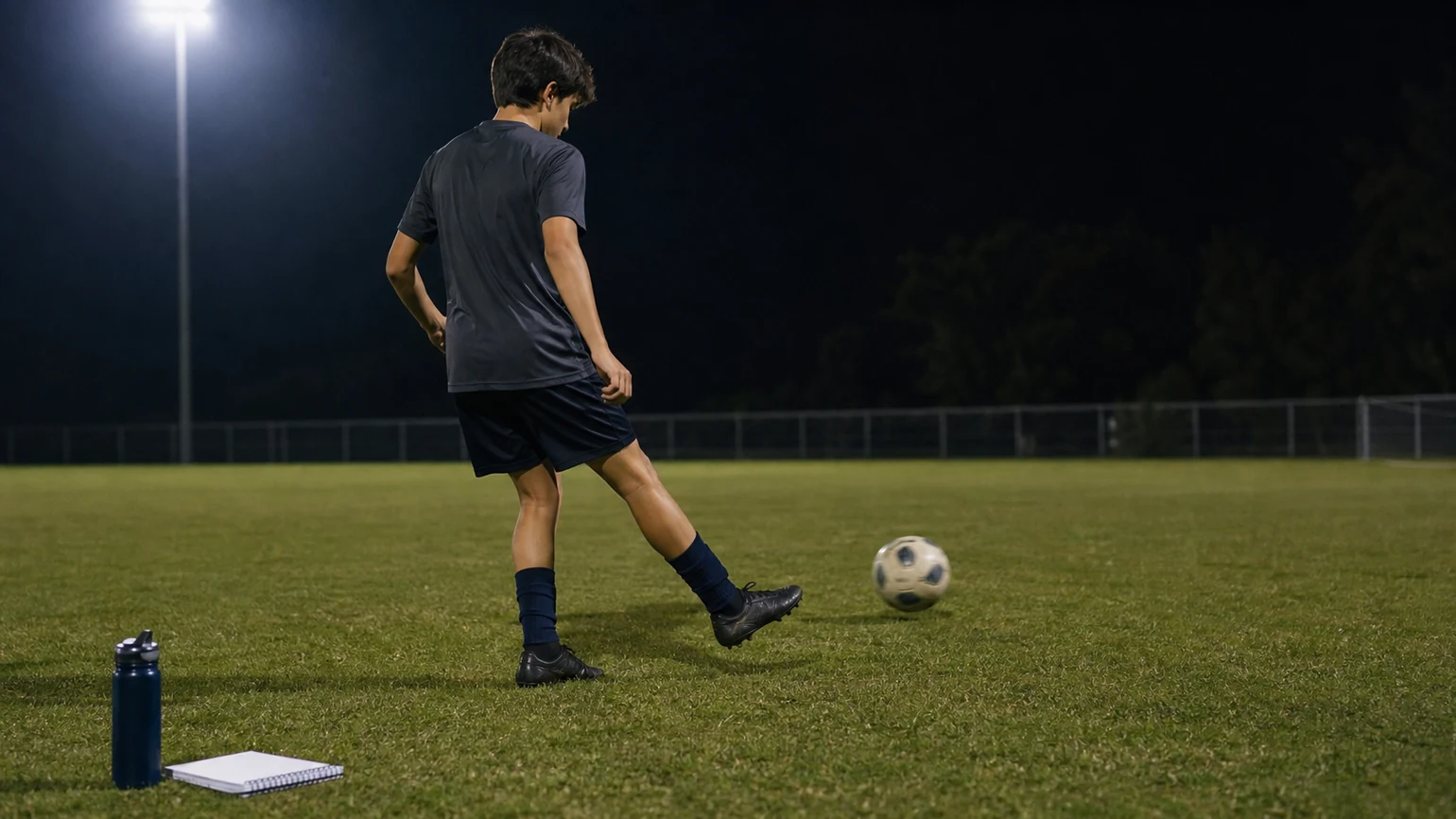 Anonymous teenage player repeating a plain passing pattern under floodlights, focused and unhurried