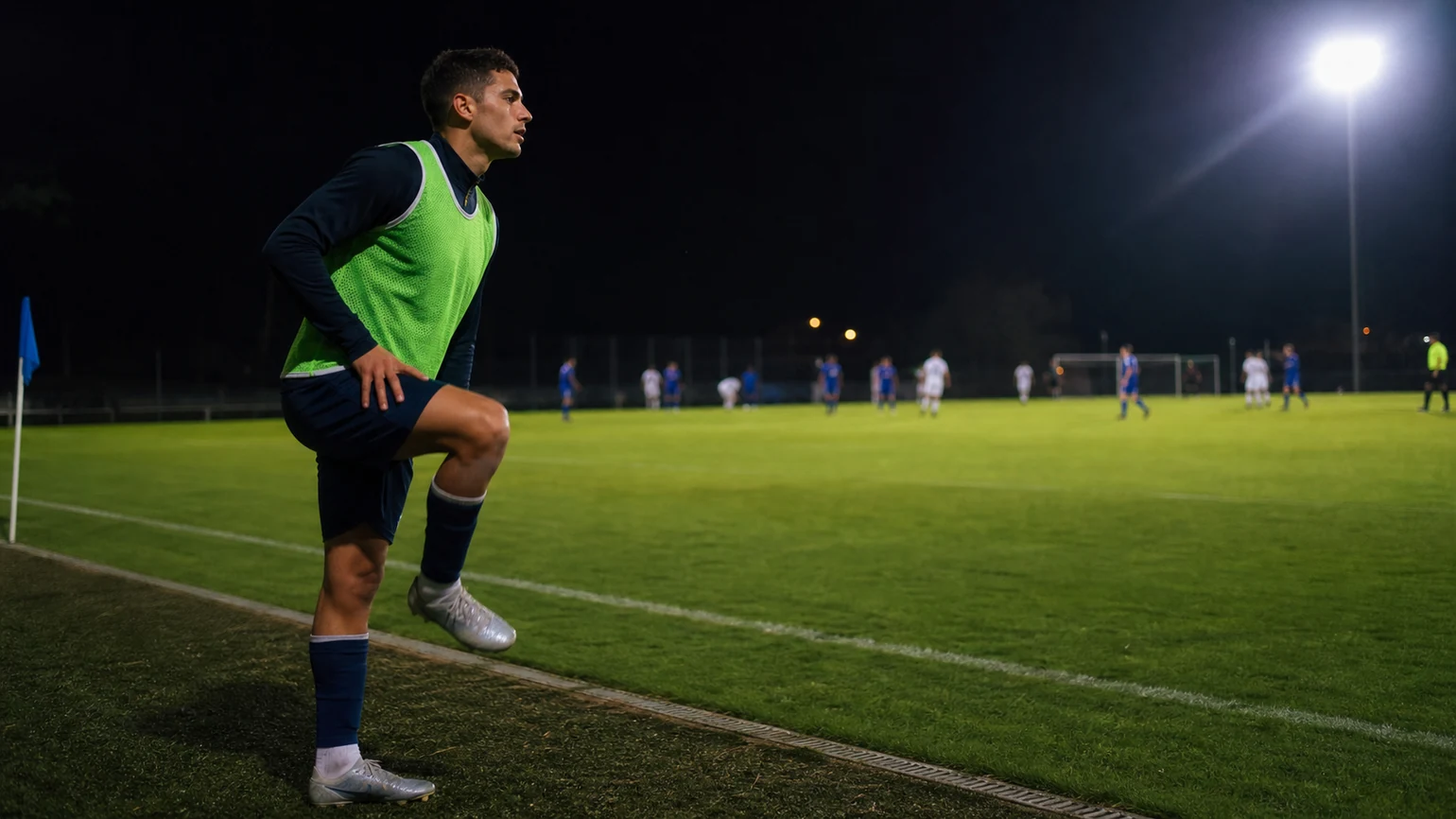 a substitute warming up along the touchline while the game runs behind him, fully focused