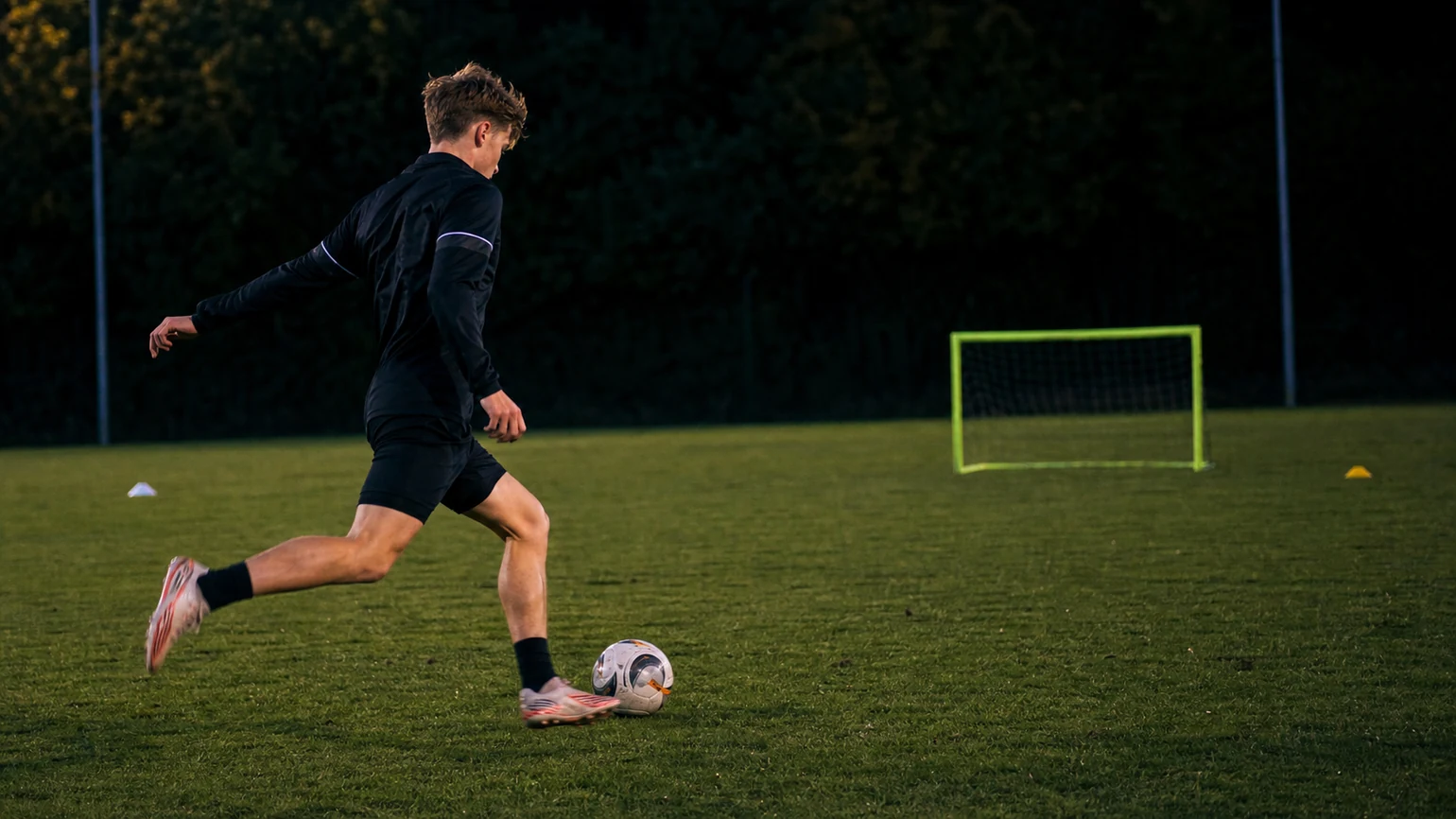 Anonymous youth attacker arriving onto a moving diagonal pass and preparing a balanced finish, goalkeeper represented only by an empty...