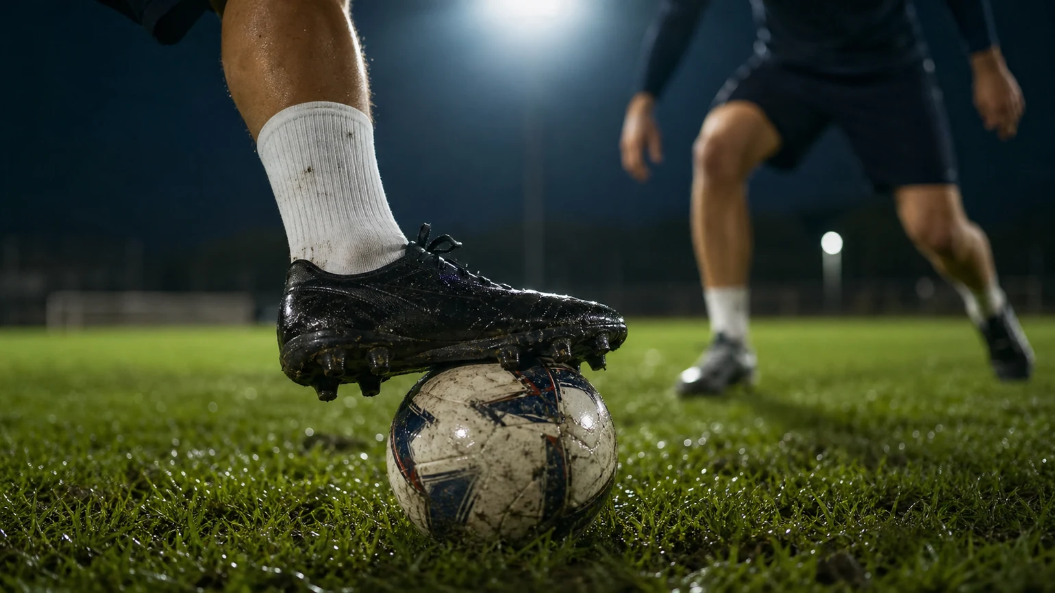 close-up of a boot cushioning a dropping ball dead on wet grass at night, floodlight halo above