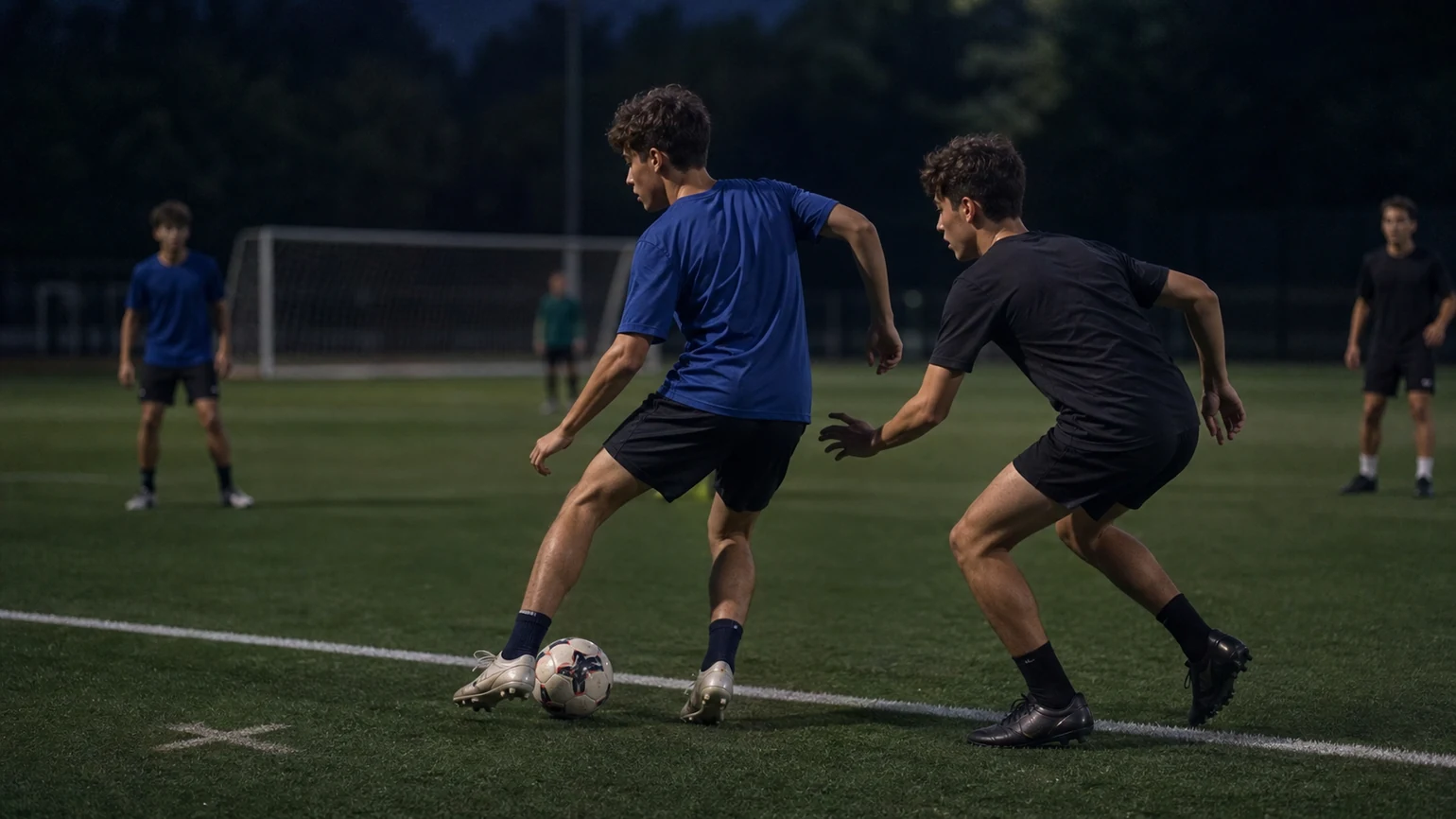 Anonymous youth player receiving on the half-turn as a defender closes from one side, ball still within one step