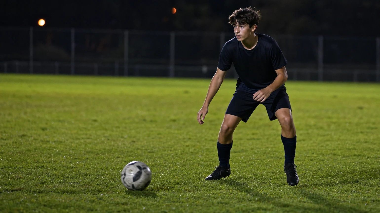 GENERATE — ONE 16:9 ultra-realistic documentary football photograph: an anonymous teenage player a heartbeat before receiving a pass...