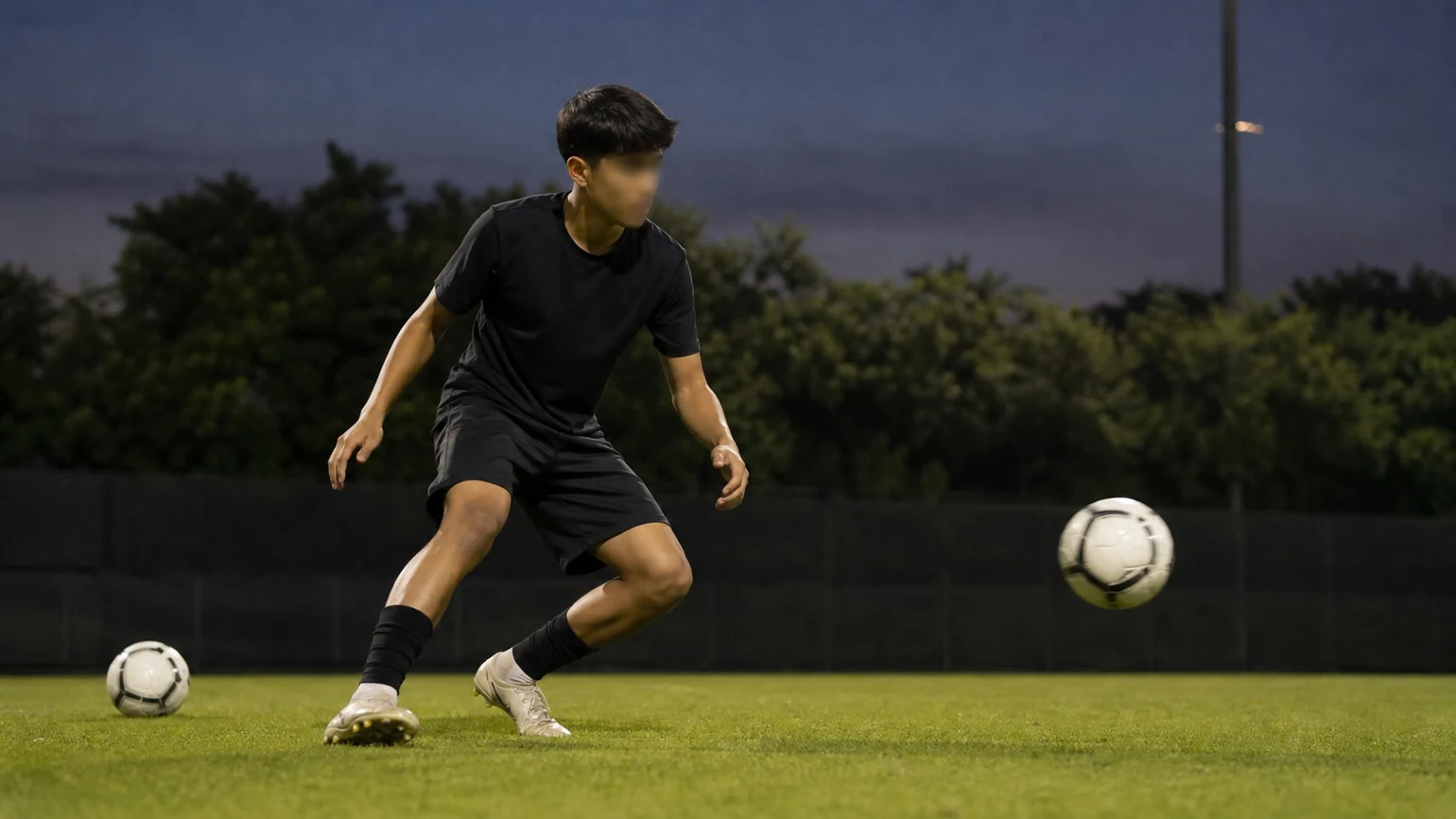 Anonymous teenage player mid-pattern drill at dusk, ball arriving
