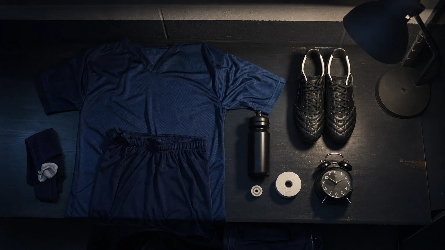 a match-day kit laid out the night before: shirt, boots
