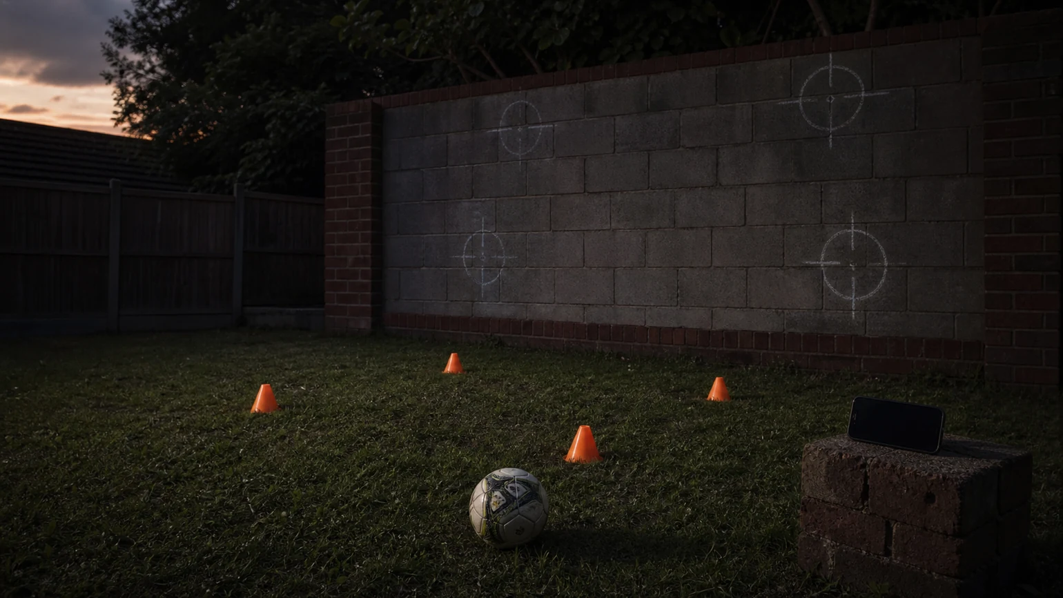 a backyard session setup: wall with chalk targets, four cones