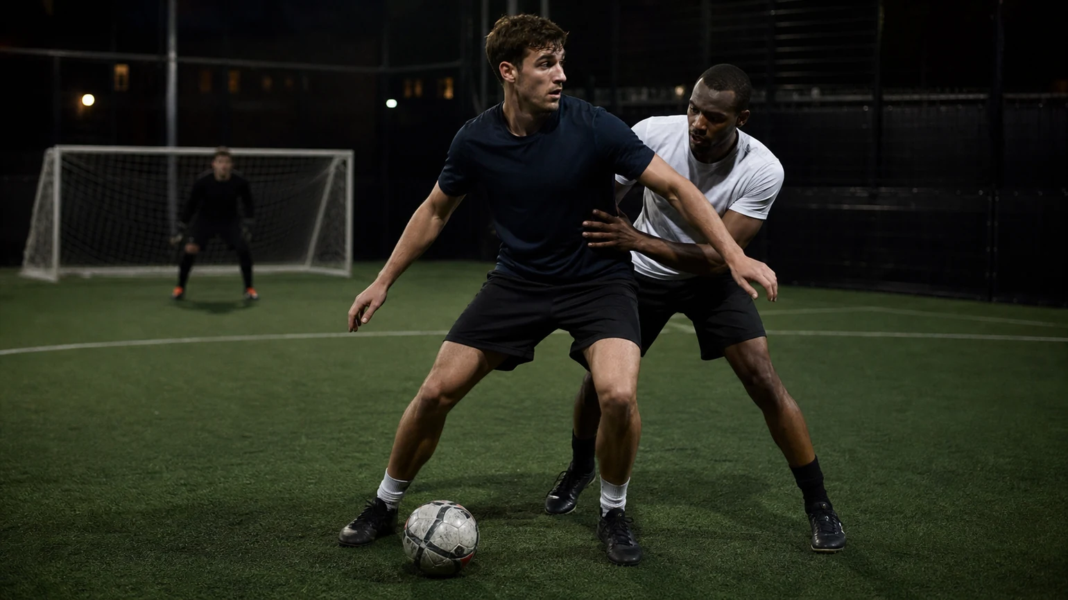 a midfielder shielding the ball, body between it and a presser