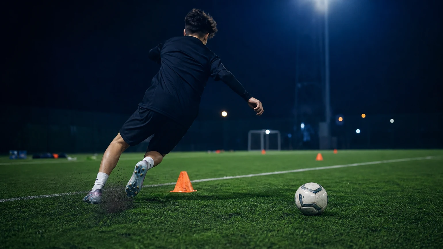 anonymous youth footballer in a short change-of-direction channel, one cone marking the brake and the ball waiting for the final action