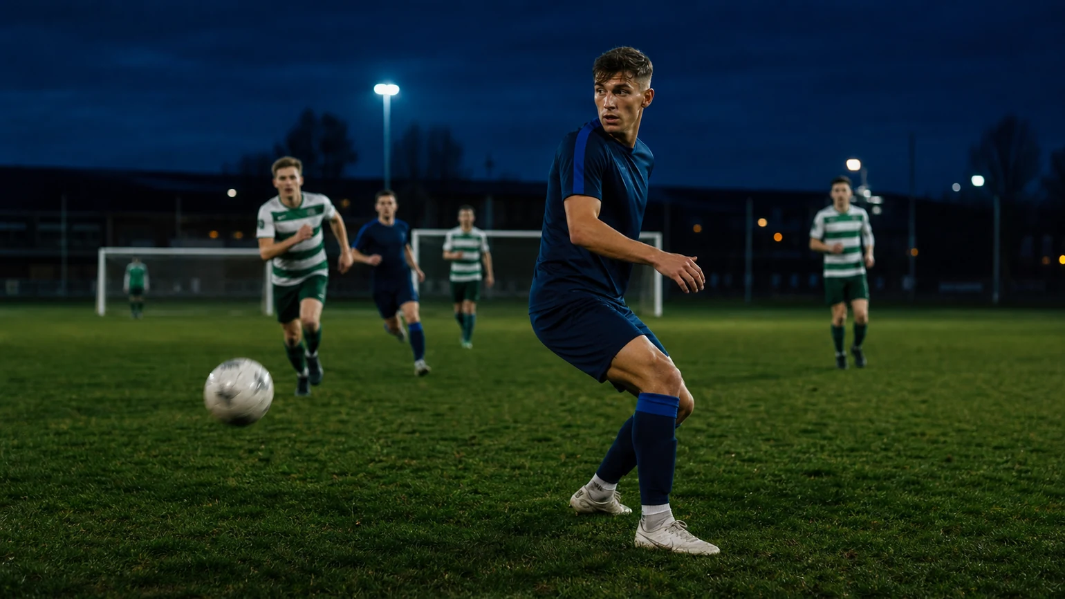 a midfielder glancing over his shoulder as a pass travels toward him, teammates and open space behind
