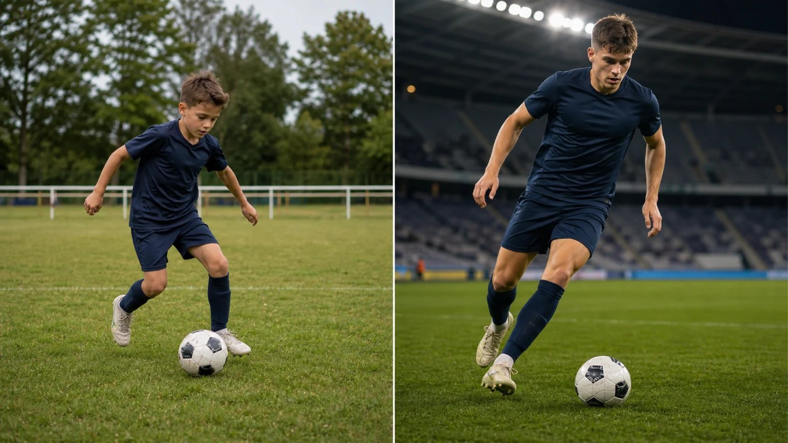 A 7–9 youth football player on a natural grass pitch beside their 16+ pro-level future self in a softly blurred stadium