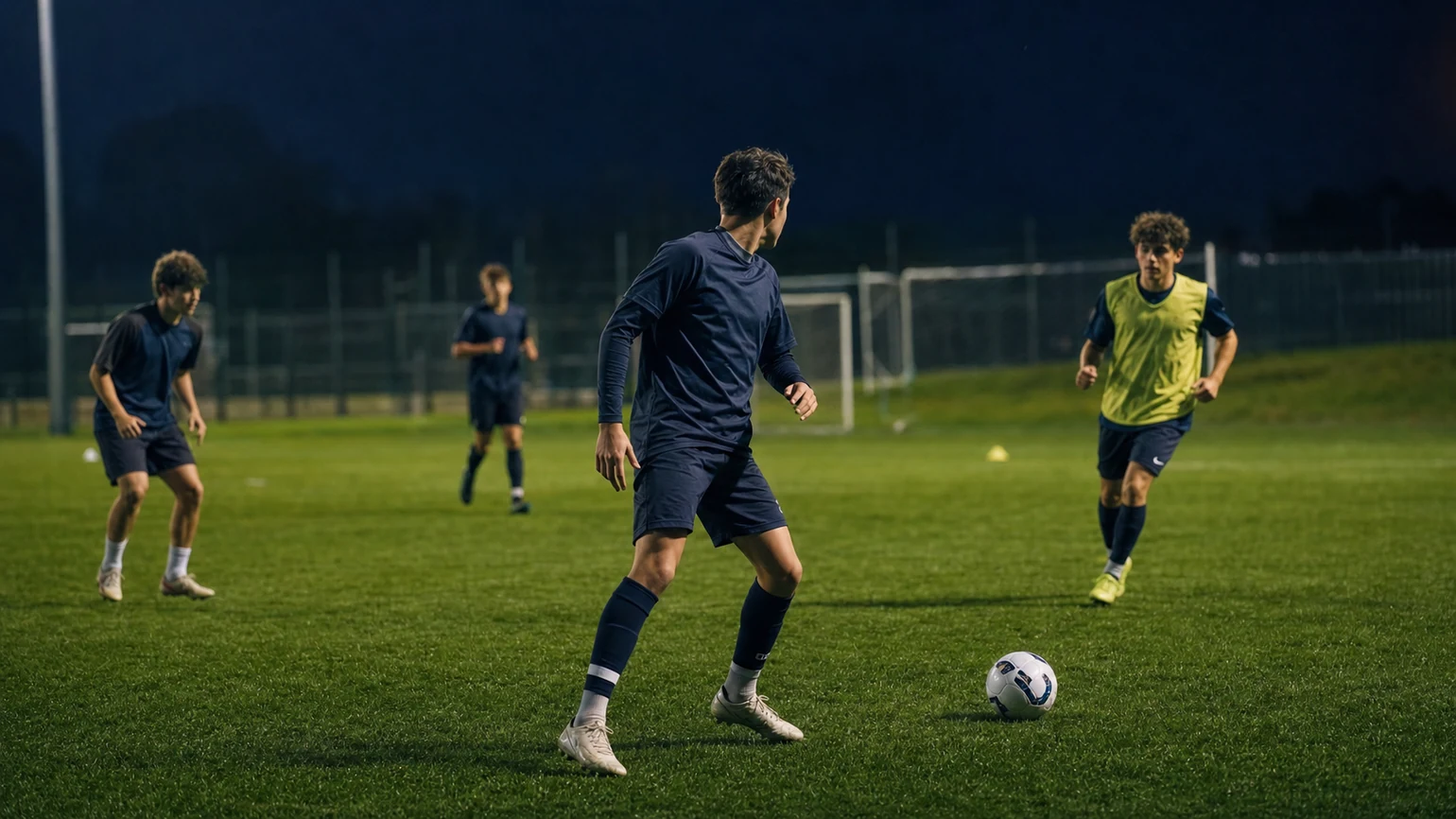 Anonymous central youth player scanning over one shoulder before receiving, three teammates represented at different support angles