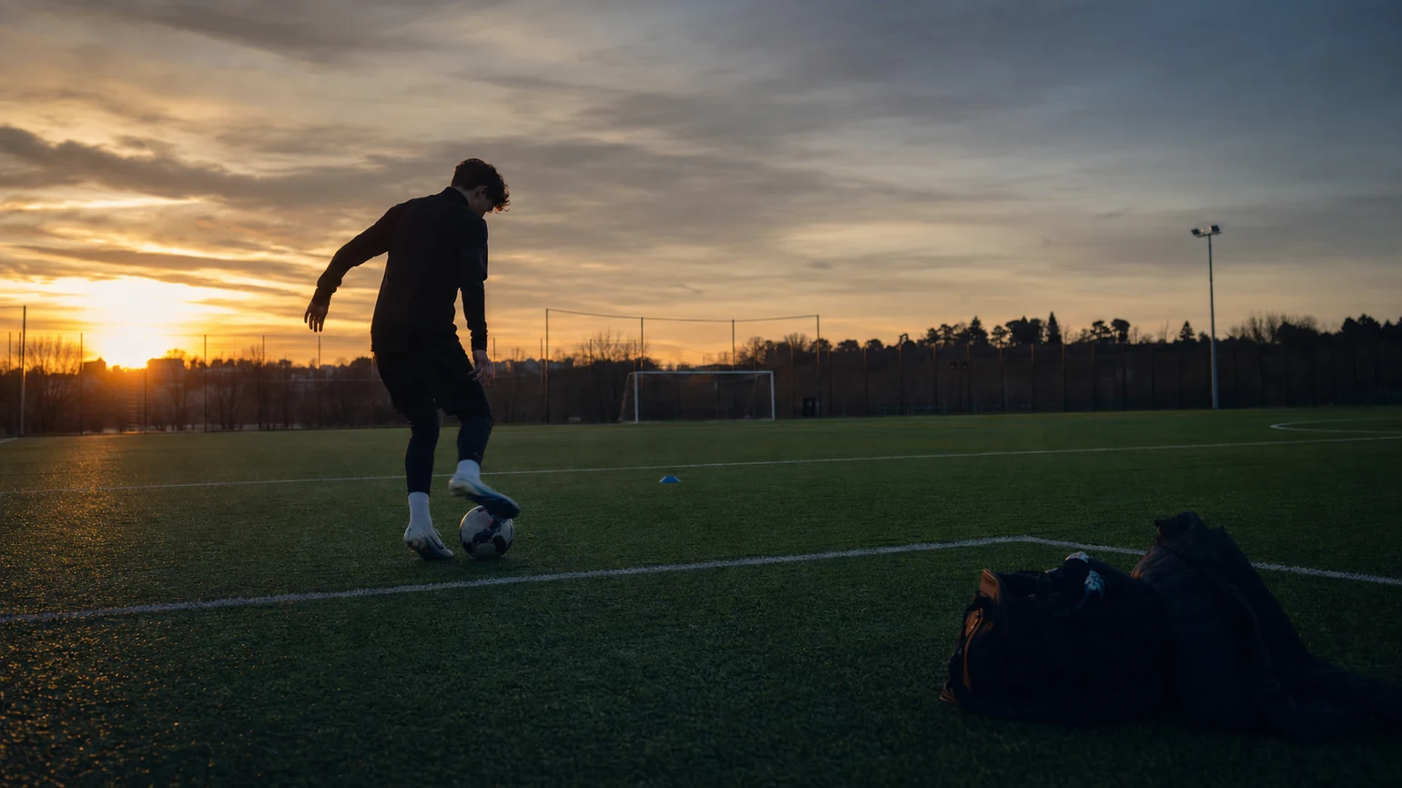 a lone player training on a public pitch at sunrise, bag and jacket on the sideline