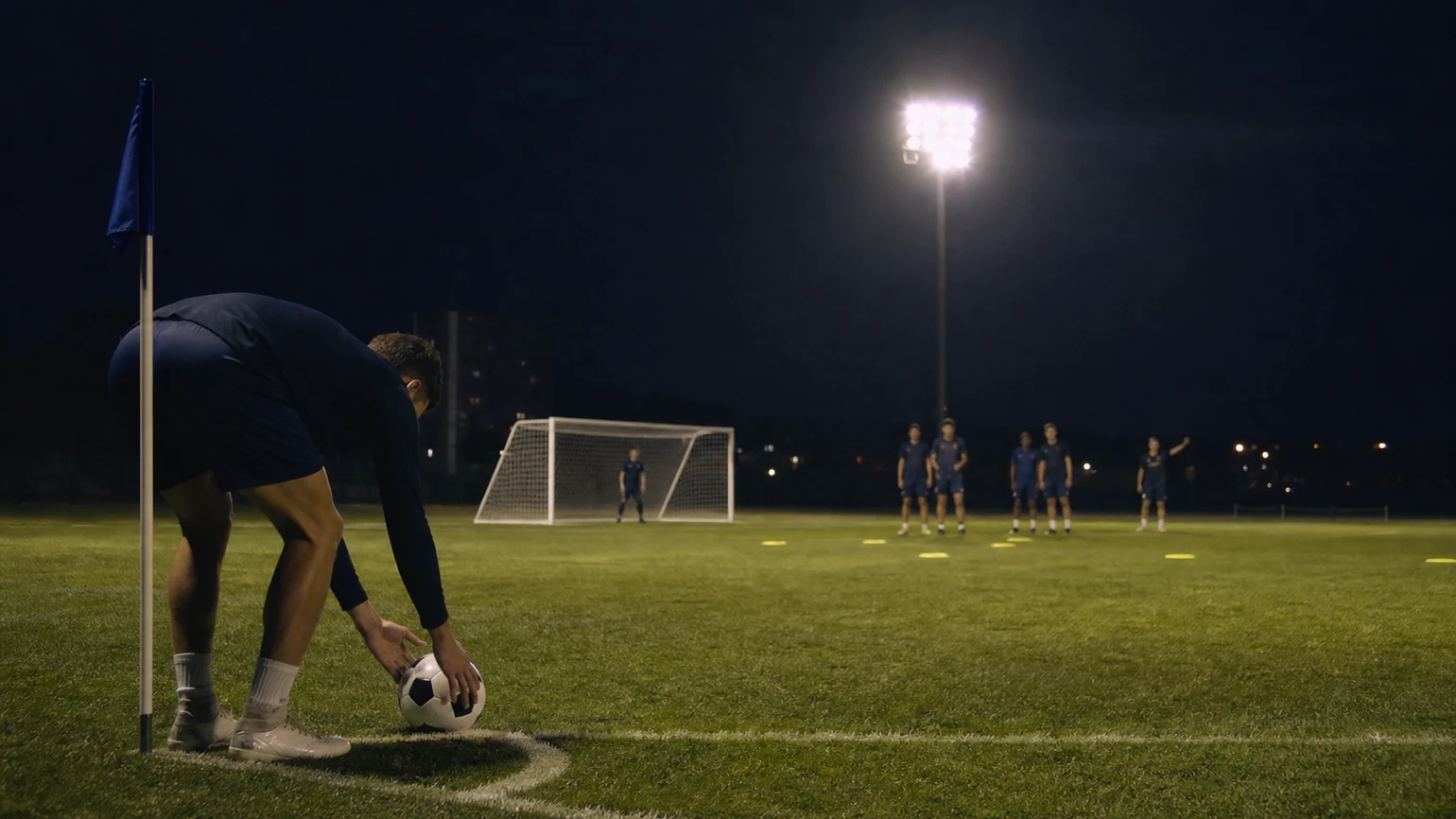 a player placing the ball on the corner arc, a target zone marked with flat discs around the penalty spot