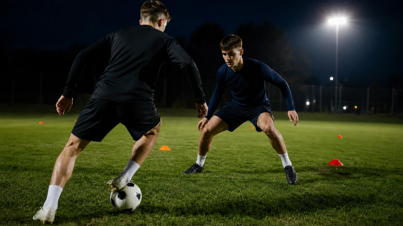 a defender and attacker face to face inside a coned channel, the defender low and patient