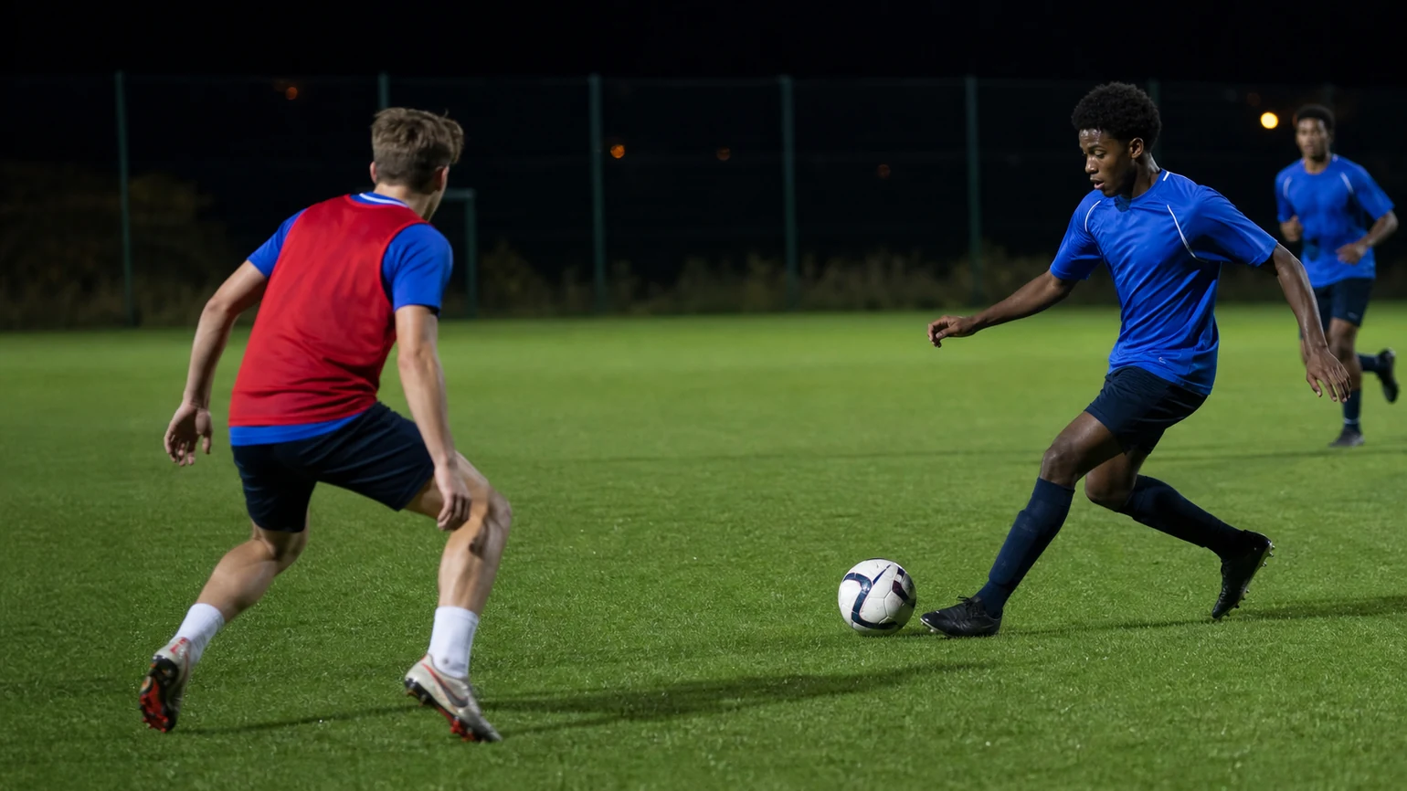 a defender closing distance in controlled steps while the pass travels to the attacker