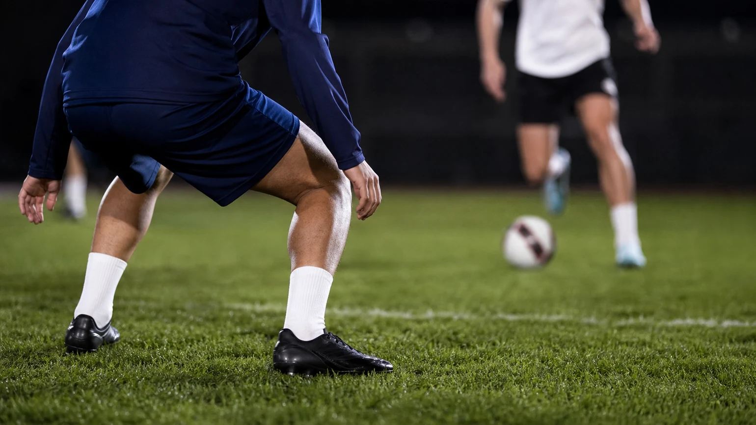 close-up of a defender's side-on stance, bent knees