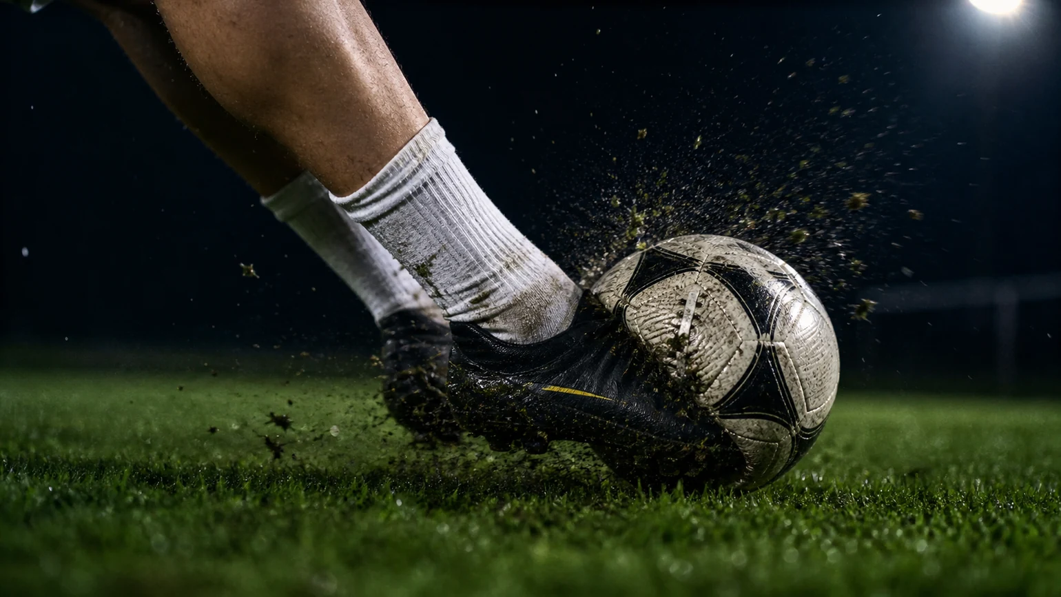 extreme close-up of a locked ankle striking the middle of the ball, laces compressed at contact