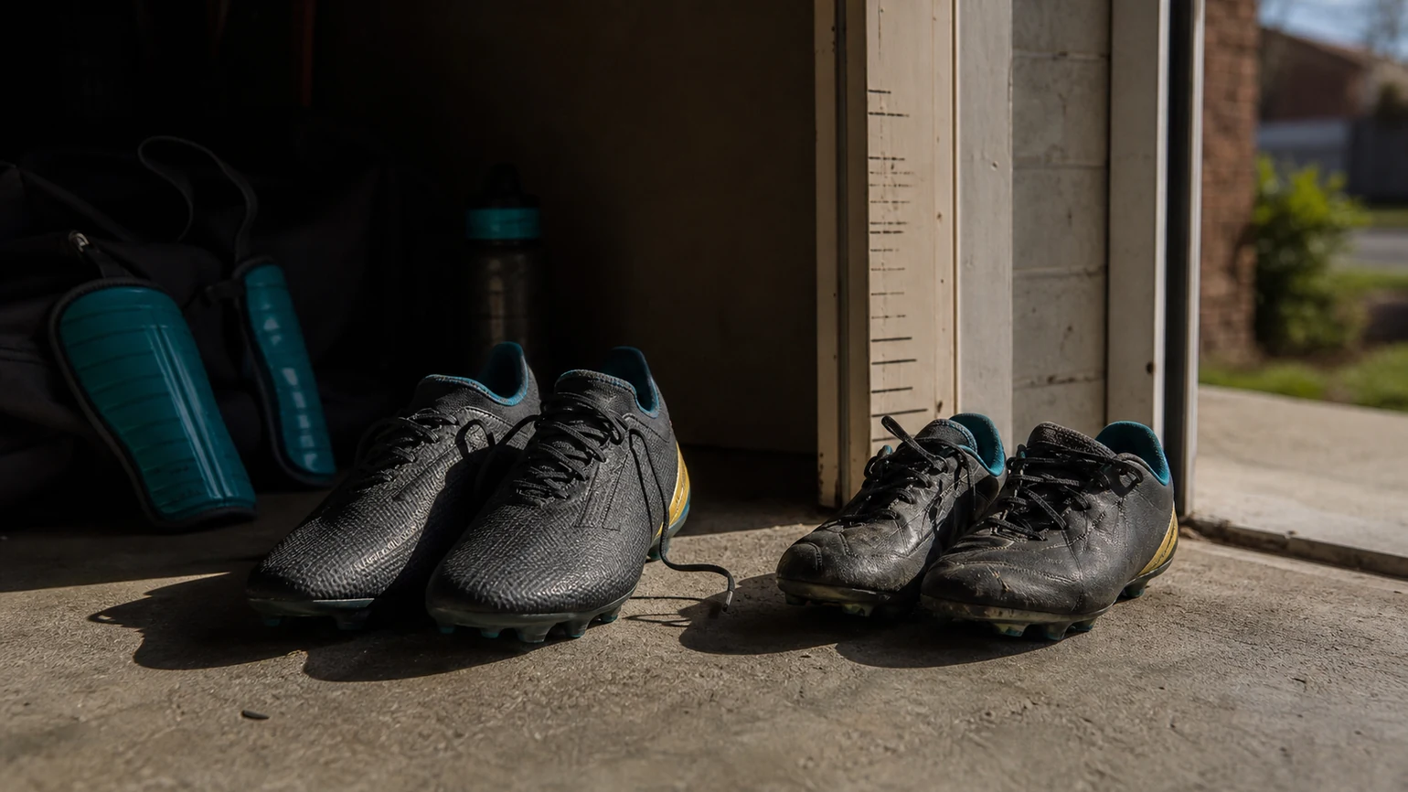 a teenager's new boots next to last season's smaller pair on a garage floor, shin pads and a growth-marked doorframe behind