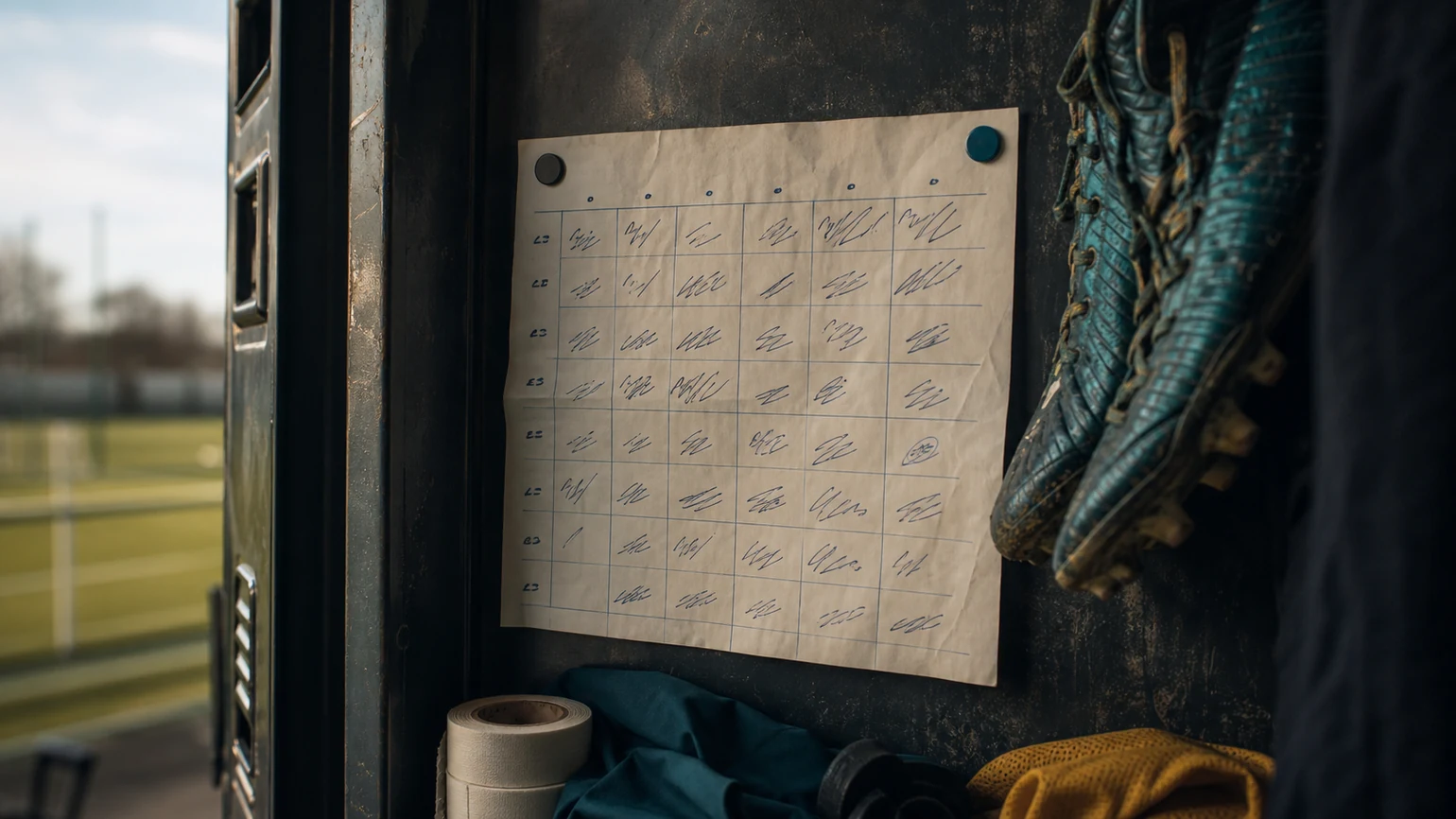 a hand-written weekly training plan pinned inside a locker, boots hanging beside it