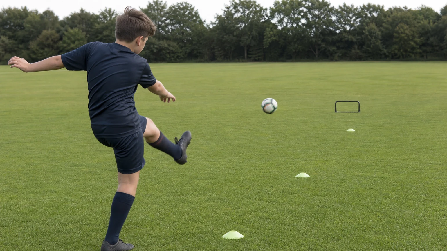 Anonymous youth player mid shot-pass follow-through on an open training pitch, ball already flying flat toward a distant gate