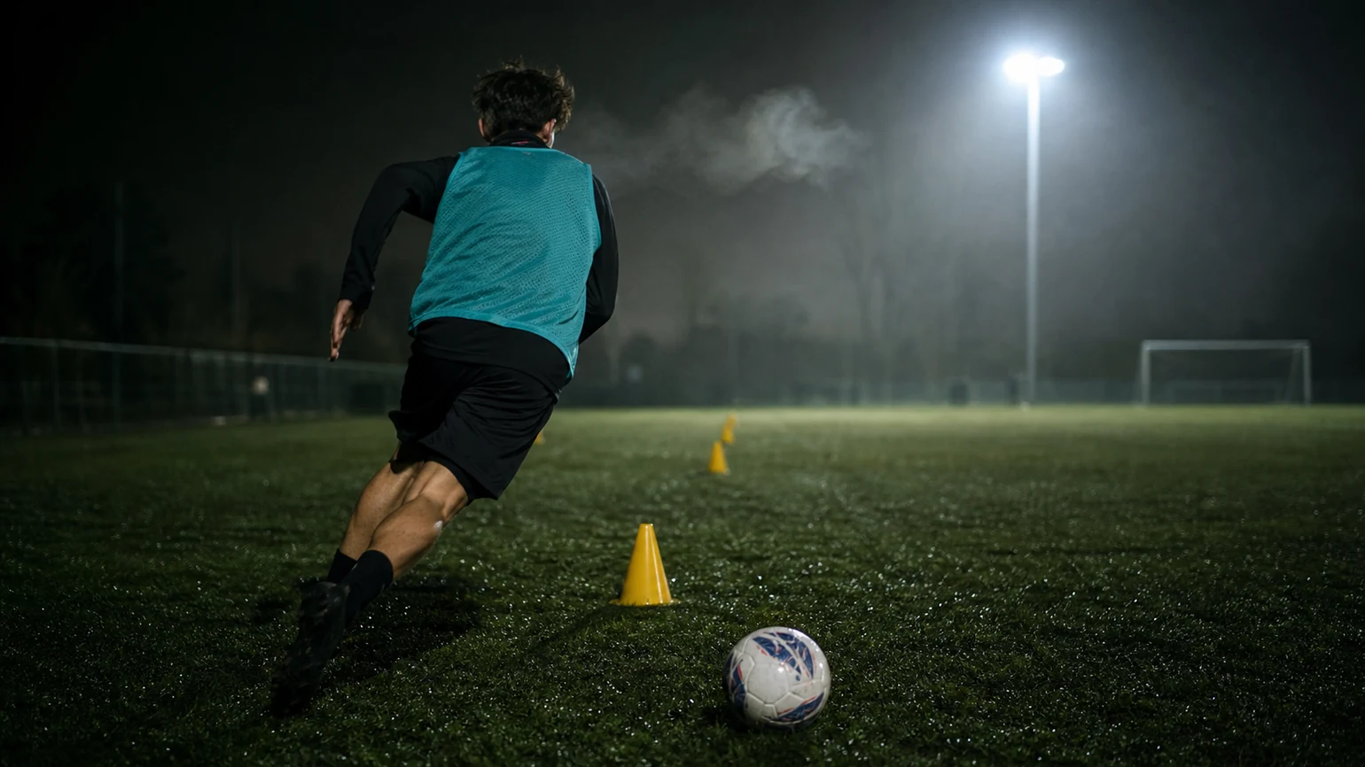 a player mid-shuttle between cones under floodlights, breath visible in cold air