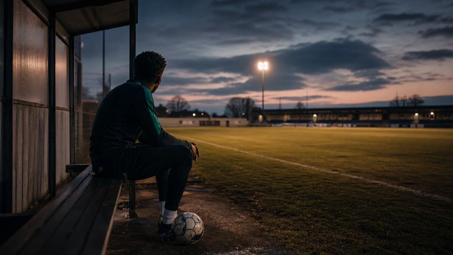 a young player sitting alone on the bench of an empty ground after training, ball at his feet
