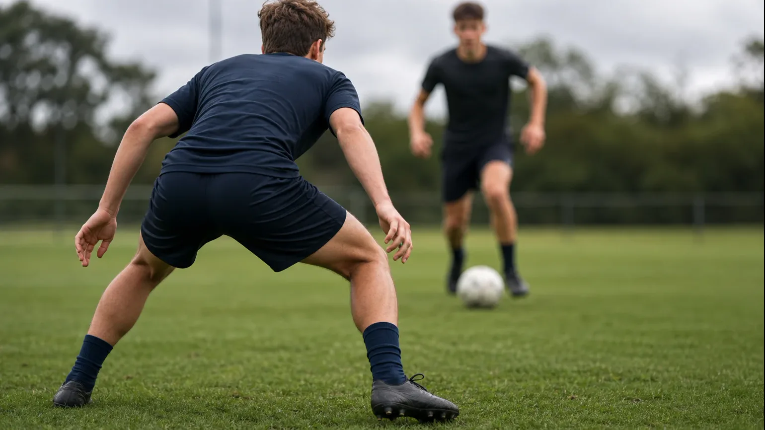 tight over-the-shoulder shot from behind a young defender in a low side-on stance, attacker blurred in front