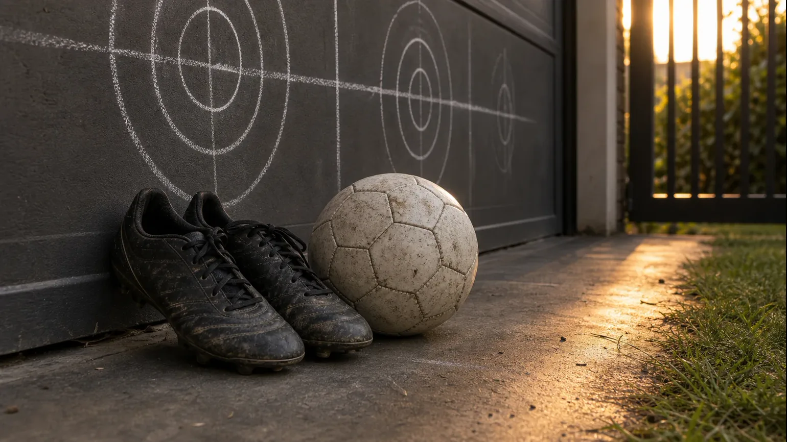 close-up of two worn boots and a ball against a garage wall marked with chalk targets, evening light through a gate