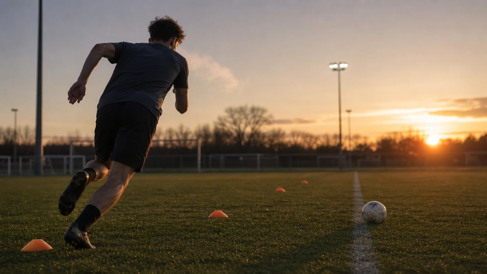 GENERATE — a young player mid-shuttle-run at sunset, ball waiting on the halfway line