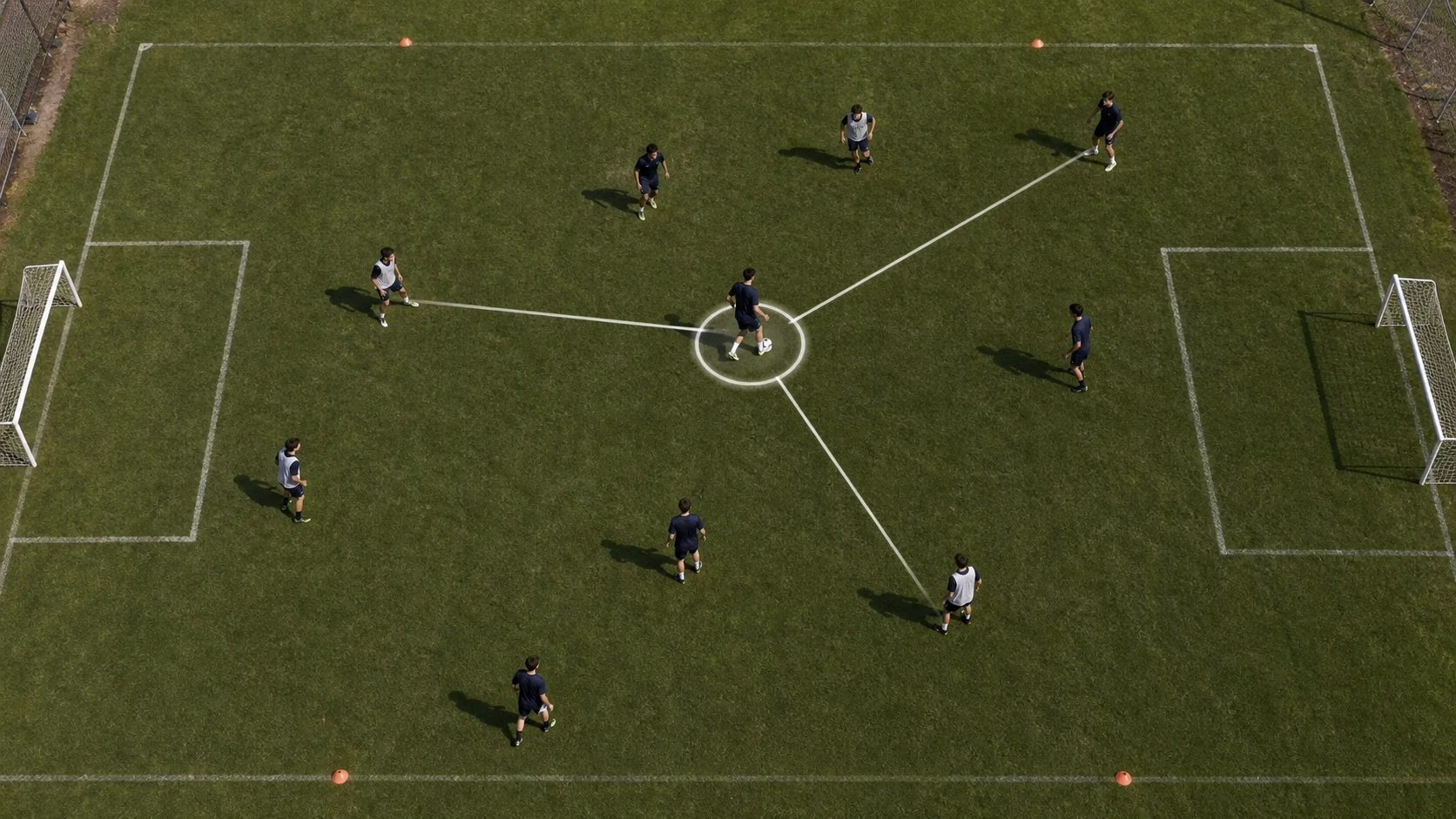 GENERATE — bird's-eye view of a small-sided game frozen mid-move, one player highlighted with sightlines drawn to three options