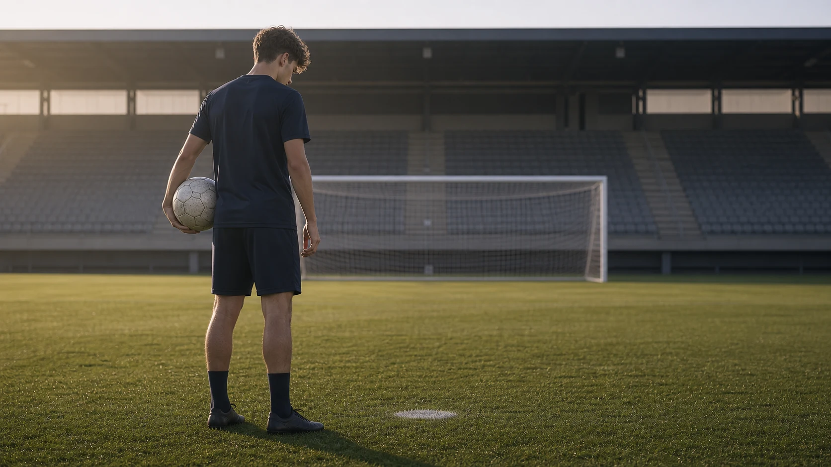 GENERATE — a young player alone at the penalty spot before a big game, stadium empty