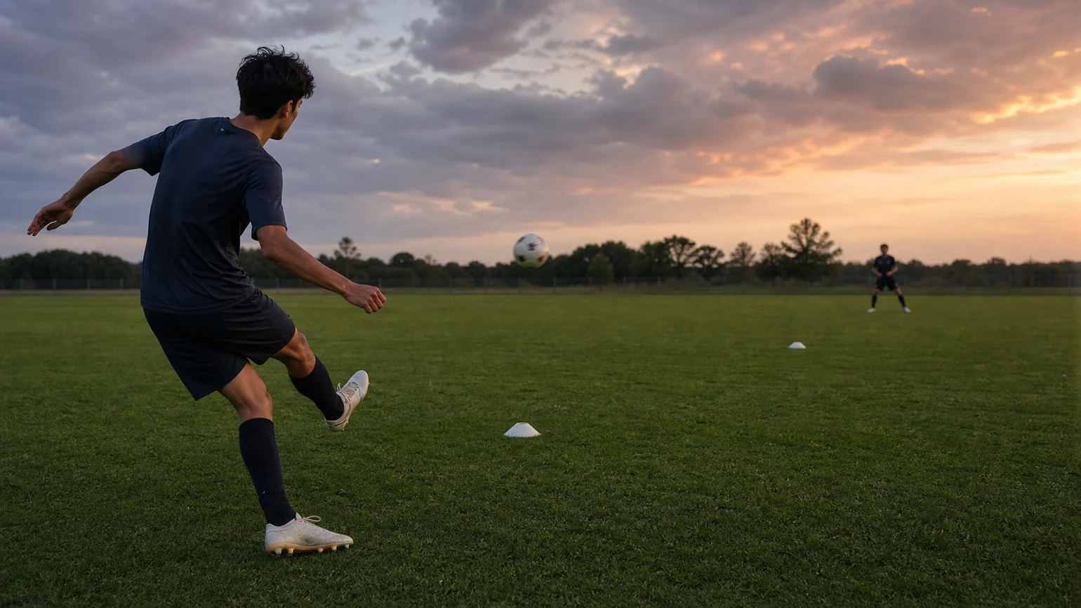 GENERATE — a young player mid driven pass at dusk, ball flying flat across the frame toward a distant teammate silhouette