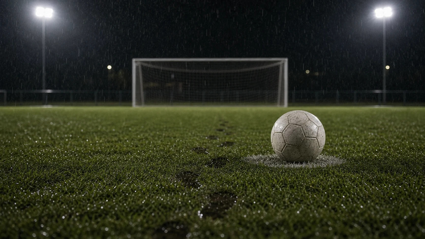 GENERATE — a ball on the penalty spot in light rain, goal slightly out of focus behind