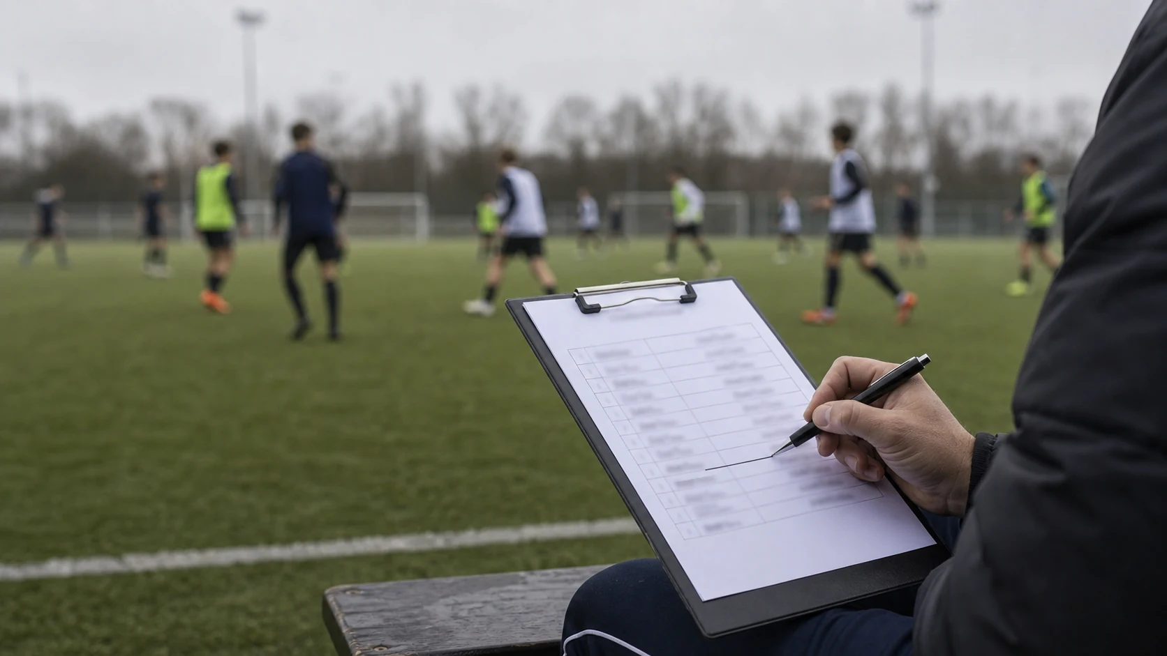 GENERATE — a clipboard on the sideline of a trial match, players blurred in motion behind it