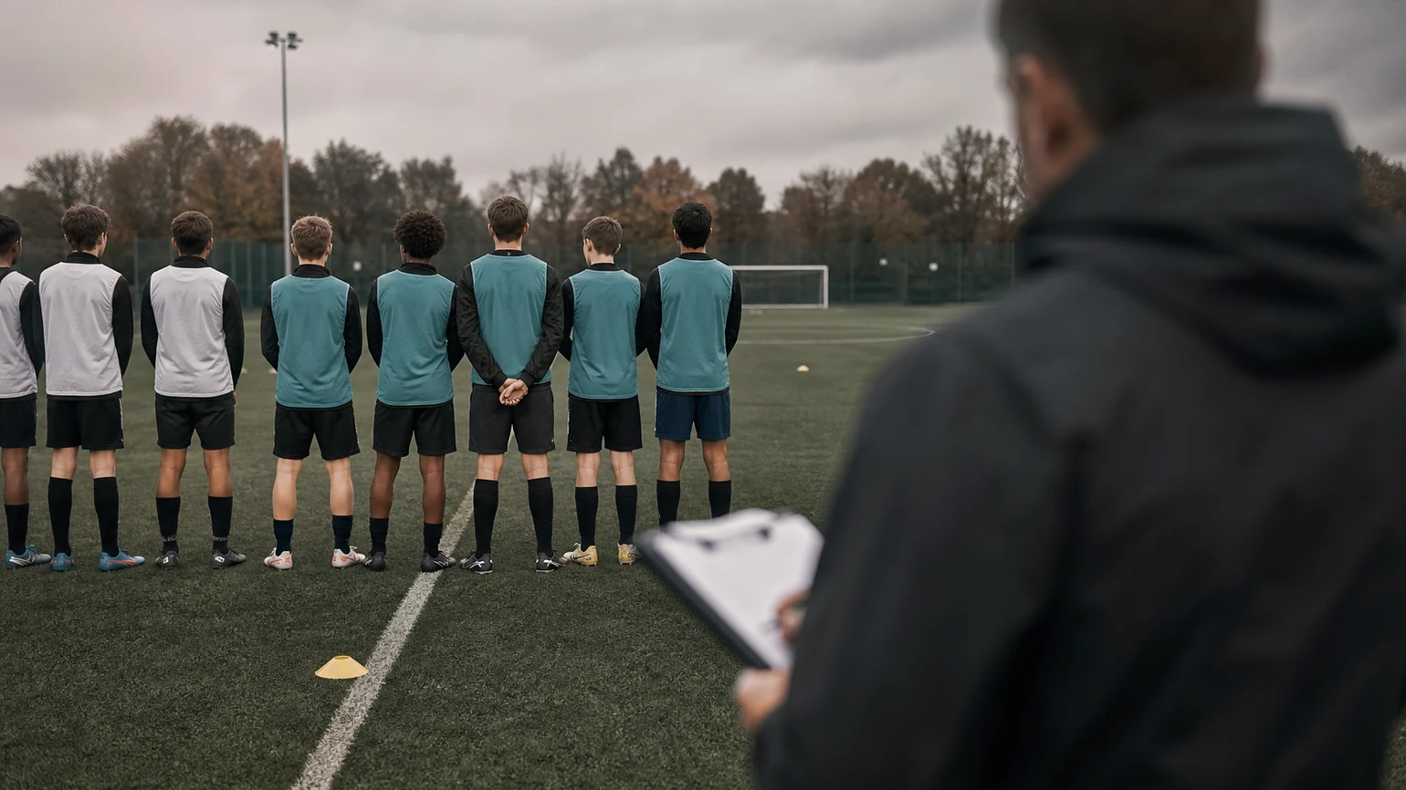 a group of trialists in plain bibs waiting at the halfway line, one clipboard-holding scout out of focus in the foreground
