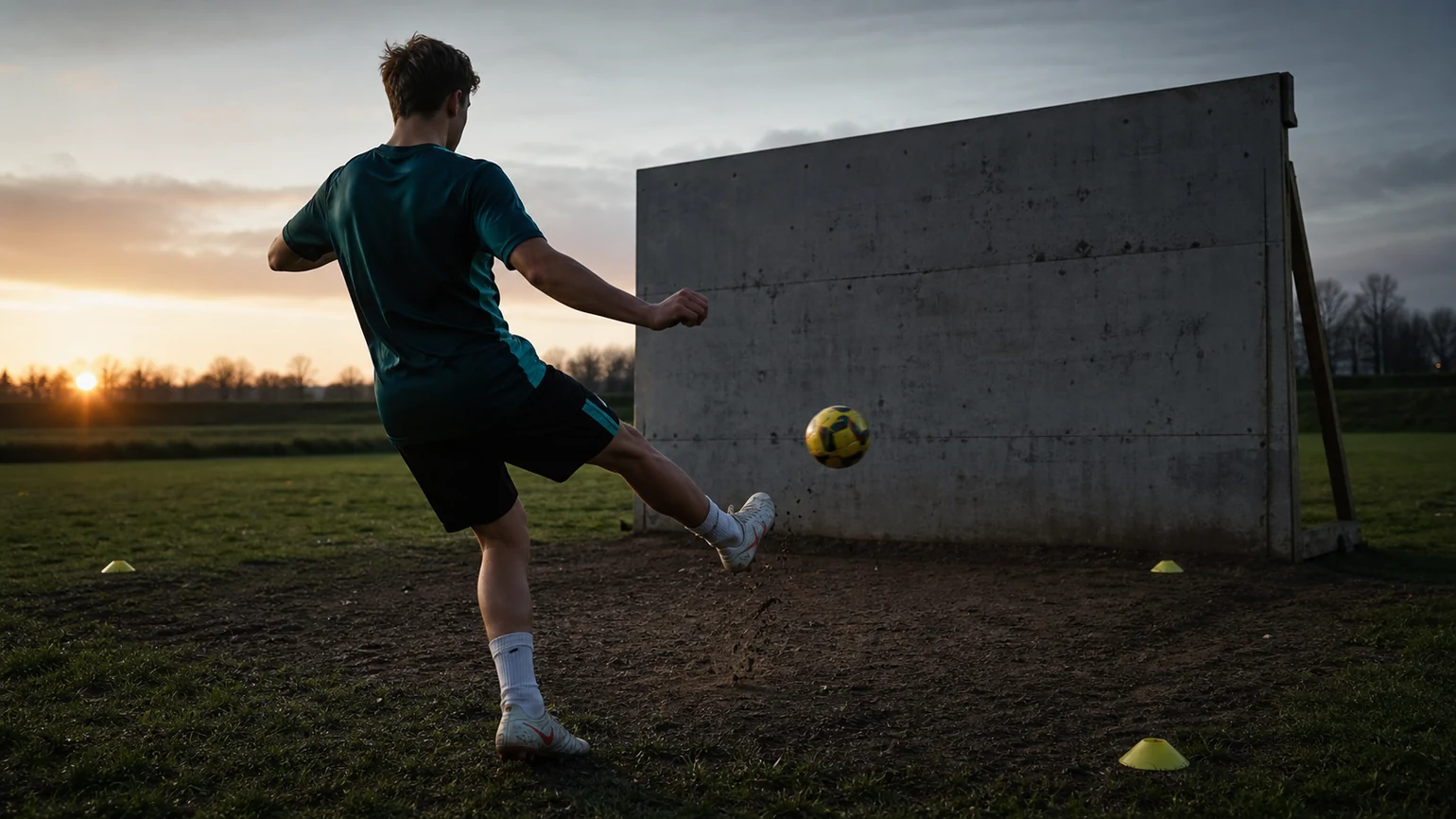 a player striking with the weak foot against a rebound wall, repetition worn into the grass in front of it