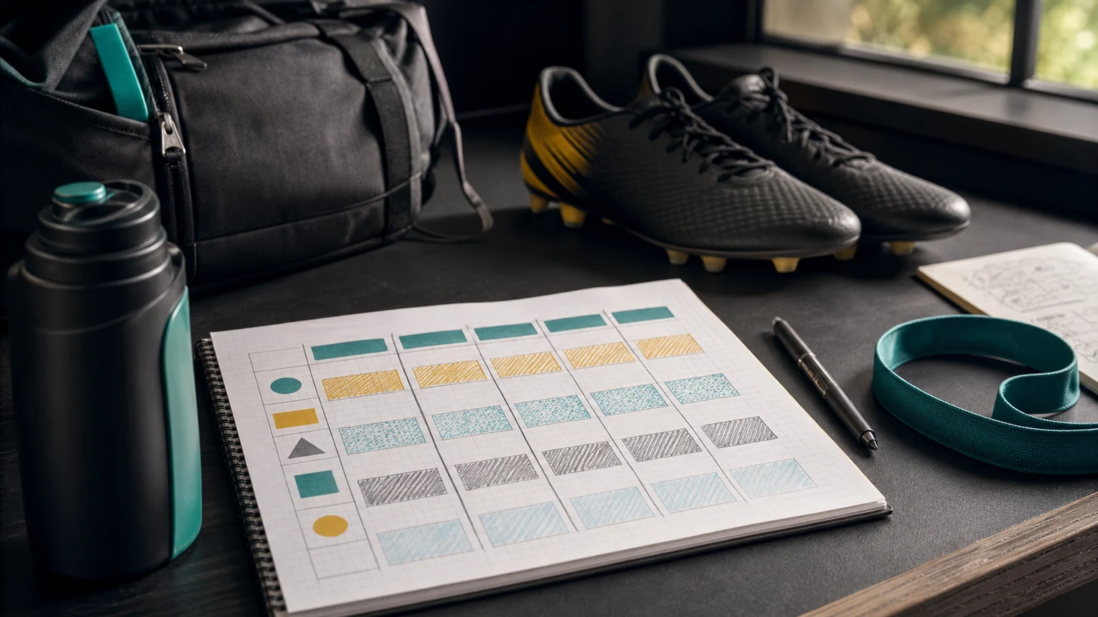 anonymous youth player's handwritten seven-day football grid on a desk beside boots and a school bag, clear blocks for game